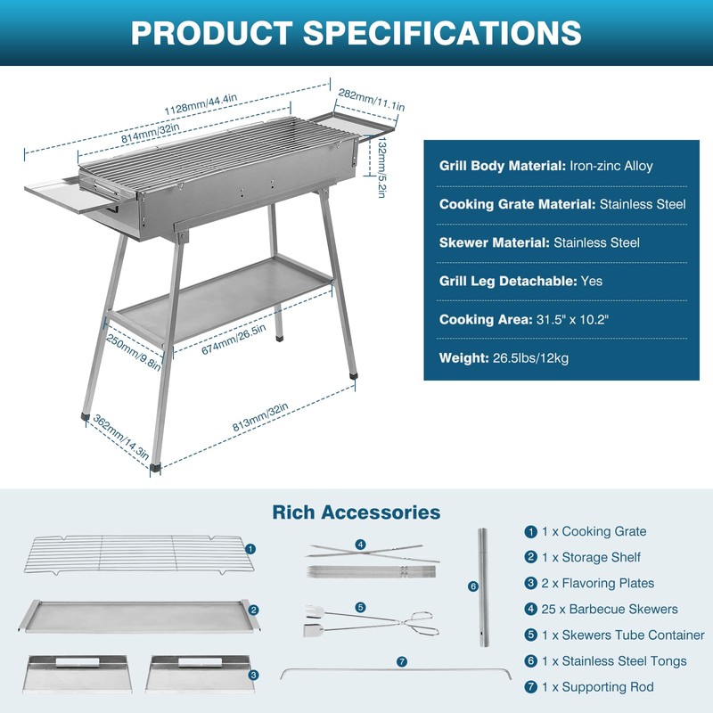 IRONWALLS Portable Charcoal Grill Outdoor Cooking, 32”L x 10”W Folded
