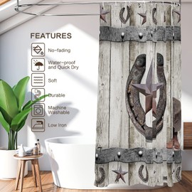 Leowefowa Rustic Western Shower Curtain Vintage Rusty Horseshoe Texas Star Cowboy Boots on Gray Barn Door Retro Farmhouse Garage Bath Curtains Waterproof Fabric with 12 Hooks 72Wx72H Inch