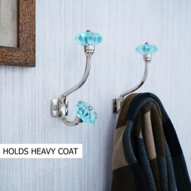 Indian Shelf Pack of 6 Heavy Duty Colorful Crystal Double Prong Glass Decorative Wall Hooks Unique Coat Rack Wall Mount Double Hooks for Hanging Towel Hooks for Bathrooms Backpack Purse Hanger