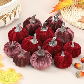 Coferset 12pcs Fall Pumpkins Decor Set,Artificial Mini Pumpkins for Decorating, Velvet Mixed Color Fall Pumpkin Decorations for Thanksgiving Harvest Table Centerpieces Home Decor(Wine Red & Purple)