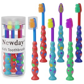Newday Kids toothbrushes 6 Pack Medium Bristles with Suction Cup, Includes Travel Covers, toothbrushes for Kids Boys & Girls, Toddlers &Children Teeth Age 3+