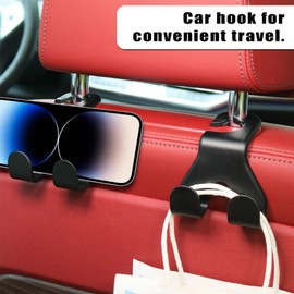 GKmow 2 PCS Car Seat Headrest Hook, Multifunctional Rear Row Mobile Phone Holder Double Hook, Grocery Bag Wallet Backpack Clothing Hanging Storage Rack, Universal Auto Interior Accessory (Black)