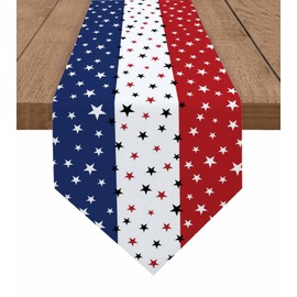 4th of July Linen Burlap Table Runner Star Dresser Scarves, Patriotic American Flag Independence Day Table Runners for Dinner Holiday Party,Memorial Events,Kitchen Decor Red White Blue Stars 13x36In