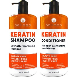 BELLISSO Set de Champú y Acondicionador de Queratina - Sin Sulfato y Sin Parabenos - Tratamiento Espesante de Salón para Cabello Seco, Dañado, Rizado