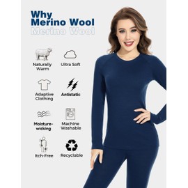 woolcano Women's 100% Merino Wool Base Layer Sets Lightweight Active Base Layer for Ski Navy Blue