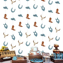 Kreatwow Western Cowboy Party Decorations Blue Cowboy garland Cowboy Party Hanging Garland for First Birthday Wild Farm Animal My First Rodeo Baby Shower Supplies with Cow Print Streamer