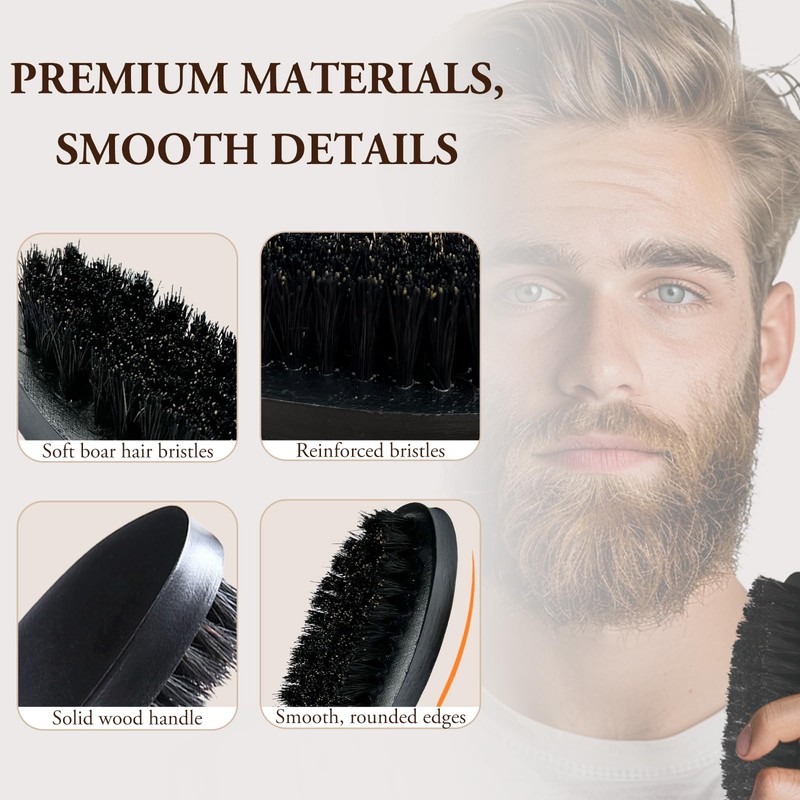 Men's Solid Wood Beard Brush, Boar Bristle Mustache Brush for