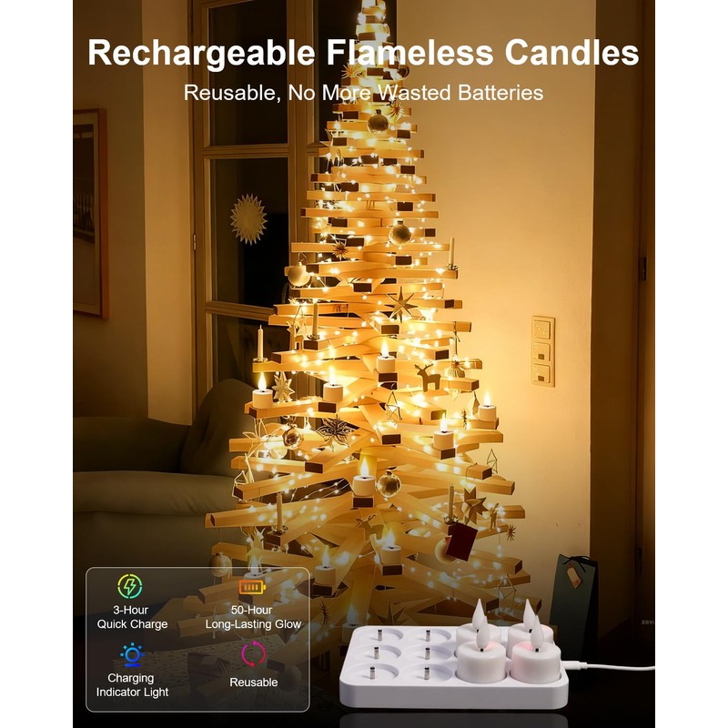 12 Pack Tea Lights Candles Battery Operated with Charging Dock,