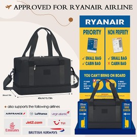 for Ryanair Cabin Bags 40x20x25 Underseat Hand Luggage Bag, Waterproof Carry On Bag with Wet Pocket, Foldable Hospital Weekend Overnight Bag for Women Men