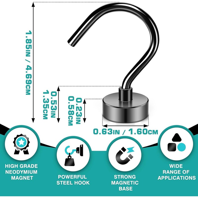 10Pack Black Magnetic Hook, 25LBS Heavy Duty Strong Neodymium Magnetic