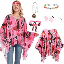 Formemory Formemory Hippie Kostüm Damen,60er 70er Jahre Outfit Damen Hippie Kleidung Damen Hippie Poncho Damen mit Hippie Accessoires Disco Outfit Karneval Fasching Kostüm Damen (Rosa)