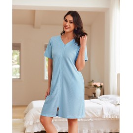 Ekouaer Women Zipper Robes Waffle Short Bathrobe Lightweight House Coat with Pockets Soft Nightgown(Sky Blue, X-Large)