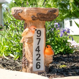 Sunnydaze Staked Country Tree Stump Bird Bath with Solar Lighted Address Plate and Custom Number Stickers Set - 15.5-Inch H