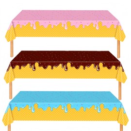 3 Pieces Ice Cream Party Supplies Tablecloth, Large Size 54 x 108 Inch Rectangular Plastic Table Cover, perfect for an ice cream themed birthday and Girls Baby Shower Kids Birthday Party Decorations