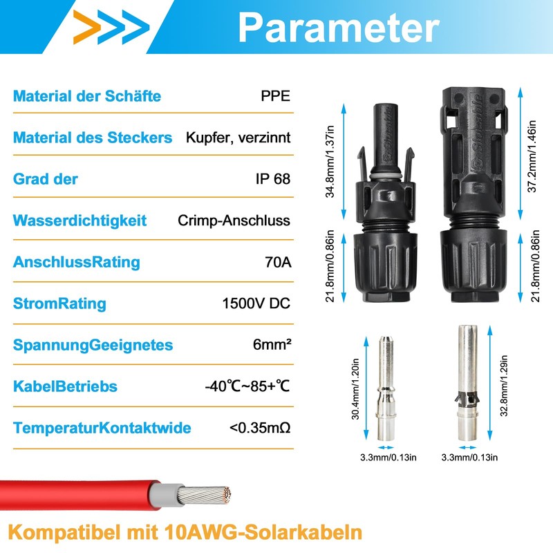 Slocable Solar Plug 6 mm2, IP68 Solar Panel Plug, 1500