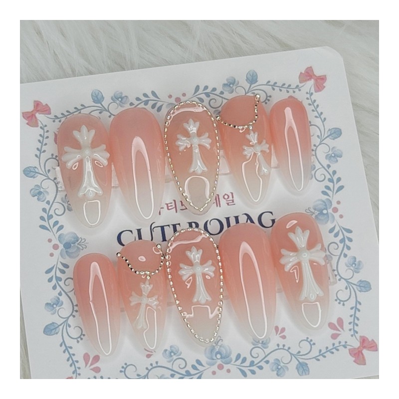 Peach Glow Cross Handmade Nail Tips - Square M /