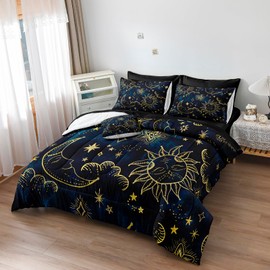 Merryword 8 Pieces Universe Bed in a Bag Sun and Moon Comforter Set Full Size Galaxy Bedding Blue Gold Moon Star Pattern Bohemian Gothic Comforter Set for Boys Girls Women