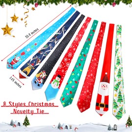 Syhood 8 Pcs Christmas Ties for Men Novelty Ties Holiday Neck Ties Fun Santa Elk Snowman Snowflake Xmas Tree Printed Neckties for Christmas Party Costume