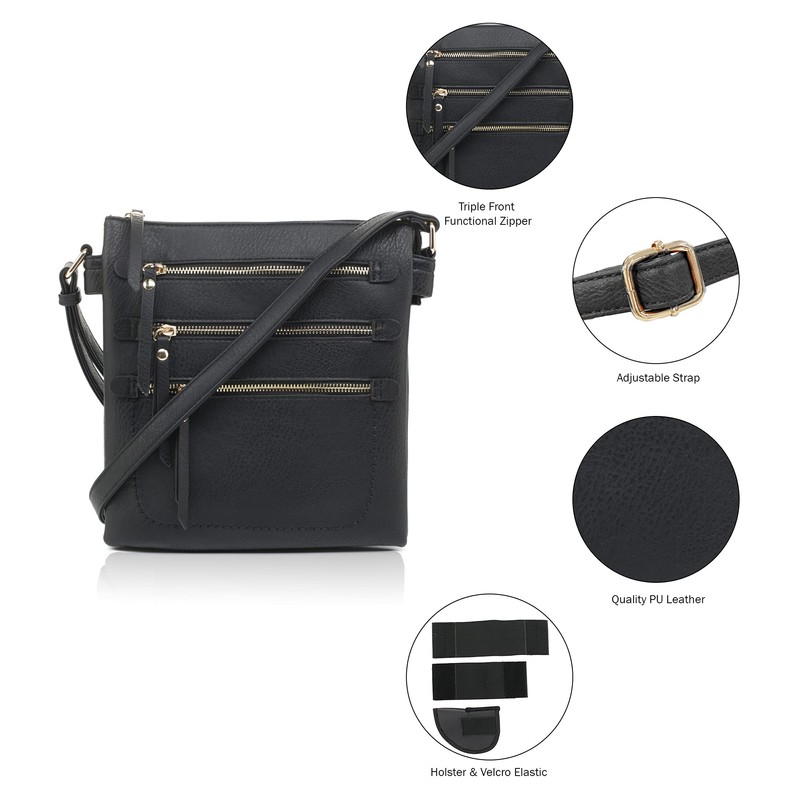 Double Compartment Multi-Zipper Triple Zip Pockets Concealed Carry Crossbody Bag