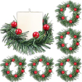 Brihasory Red Berries 6pcs Christmas Candle Rings for Pillars, Pine Needles Christmas Wreath Wedding Party New Year Dinner Candle Holders for Table Centerpieces Wall Door Window Fireplace Decor