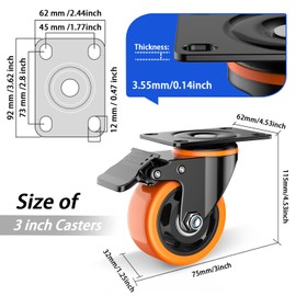 3 inch Casters Wheels, Heavy Duty Casters Set of 4, No Noise Industrial Casters Load 1600lbs with Brake, Swivel Industrial Plate Casters, Wheels for Cart Furniture(2 Hardware Kits & Gloves)