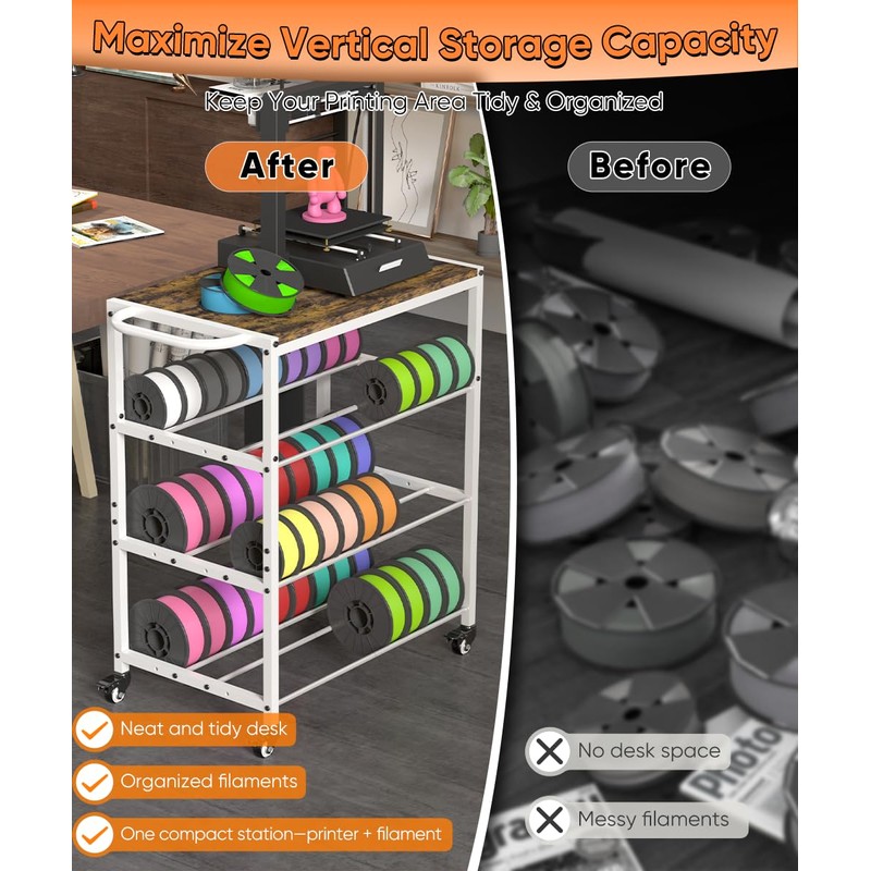 3D Printer Stand with Filament Storage Rack, 3-Tier Rolling Spool
