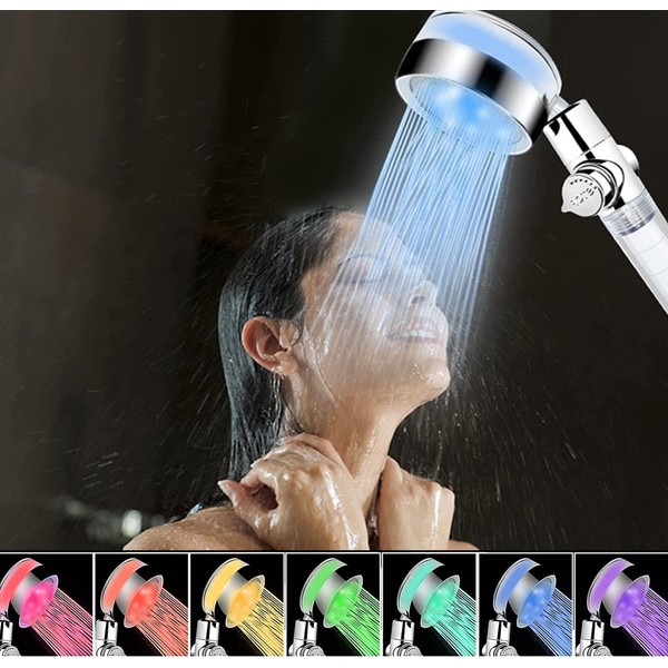 JINYOMFLY LED Shower Head, LED Shower Head with Filter, Luminous Shower Head, 7 Colours, LED Shower Head Anti-Limescale