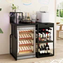 PUNCIA Wine Bar Cabinet with Wine Cellar Fridge Storage LED Lighting Glass Holder and Drawer – Stylish Liquor Cabinet and Coffee Bar Table for Home Bar Living Room or Apartment Entertaining
