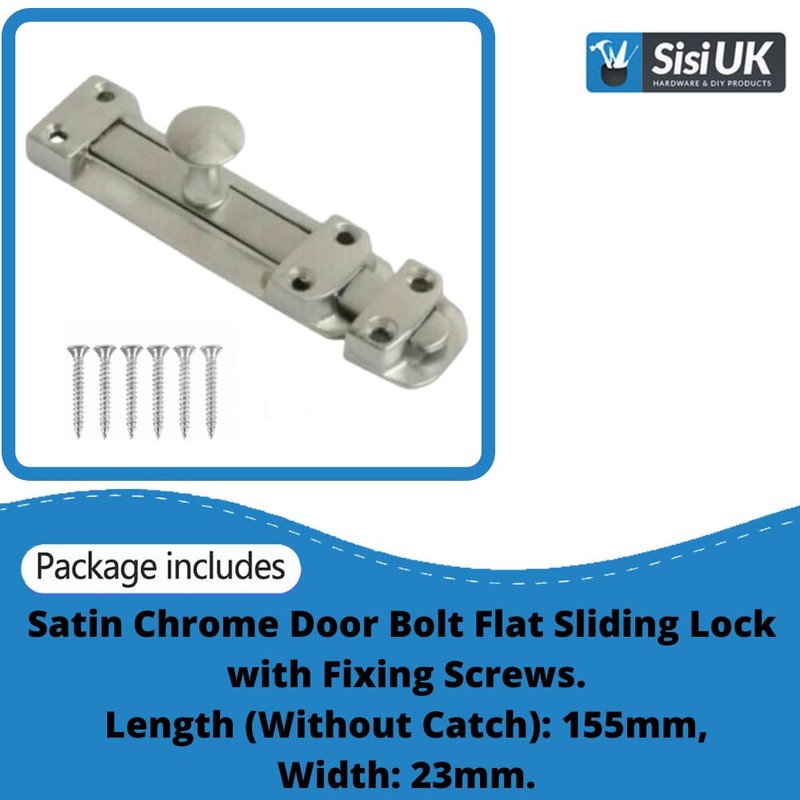 Door Bolts 6 Inch Satin Chrome Flat Bolt Surface Door
