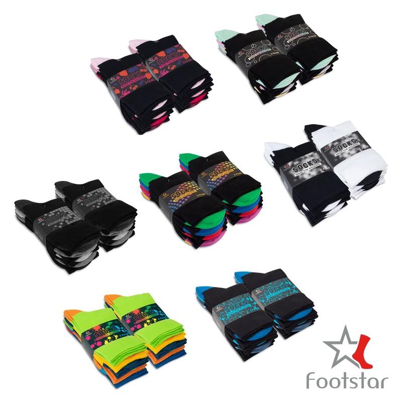 Footstar Ladies and Men's Cotton Socks (10 Pairs) with Contrasting