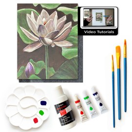 Painting4Real DIY Painting Class Kit for Adults with Video Tutorials: Learn to Paint White Lotus – How to Paint with Acrylics – Painting & Art Supplies – 9 Piece Acrylic Paint Set