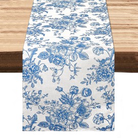 Dremisland Rose Monochrome Sketch Blue Table Runner Spring Summer Vintage Flowers Tablecloth Retro Floral Table Decoration Table Runner Place Mat Kitchen Indoor Holiday Party Christmas Decor