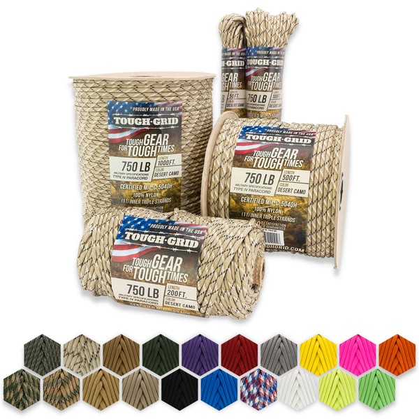 TOUGH-GRID 750lb Desert Camo Paracord/Parachute Cord - 100% Nylon Mil-Spec Type IV Paracord Used by The US Military, Great for Bracelets and Lanyards, 1000Ft. - Desert Camo
