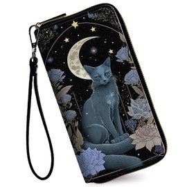 RAUEDWDJS Women's Wallets,Credit Card Holder Money Leather Long Wallet with Wristlet,Large Capacity with Zip-Around Phone Purse for Women Ladies Girls,Purple Flower&Cat