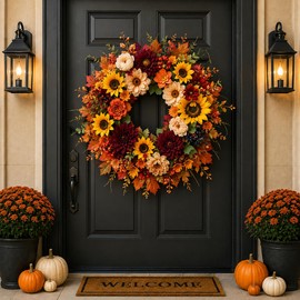 24 Inch Fall Wreath for Front Door, Autumn Sunflower Farmhouse Porch Decor