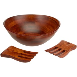 Lipper International Cherry Finished Wavy Rim Serving Bowl with 2 Salad Hands, Large, 13" x 12.5" x 5", 3-Piece Set