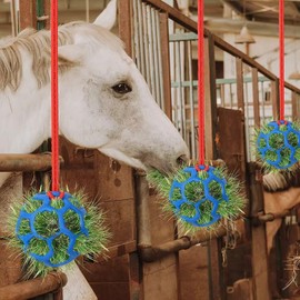 AK Horse Treat Ball Hay Feeder Holder Hanging Feeding Toy 200cm Rope Bag Stable Field Box Rest Toys for Goat Sheep Horse Paddock Rest Relieve Stress (Pack of 2, Red & Blue)