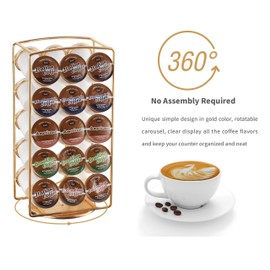 Alessia Cara Tabletop K Cup Holder, Coffee Pod Stand Holder, K-Cups Capsule Storage Rack for 30 pods, 360 degrees rotatable, No Assembly Required, Gold