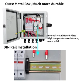 PowGrow PV Combiner Box, 4 String Metal Solar Combiner Box with 15A Rated Current Fuse, Surge Protective Device and 50A Air Circuit Breaker for On/Off Grid Solar Panel System, Pre-Wired Cable