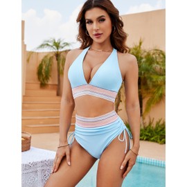 Blooming Jelly Women's High Waisted Bikini Tummy Control Color Block 2 Piece Swimsuits (XXL, Blue)