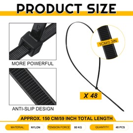 XunYee 48 Pcs 60 Inch Large Zip Ties Heavy Duty Outdoor Extra Large Zip Ties Extra Long Cable Wire Plastic Ties with 176 Pounds Tensile Strength Self Locking UV Resistant (Black)