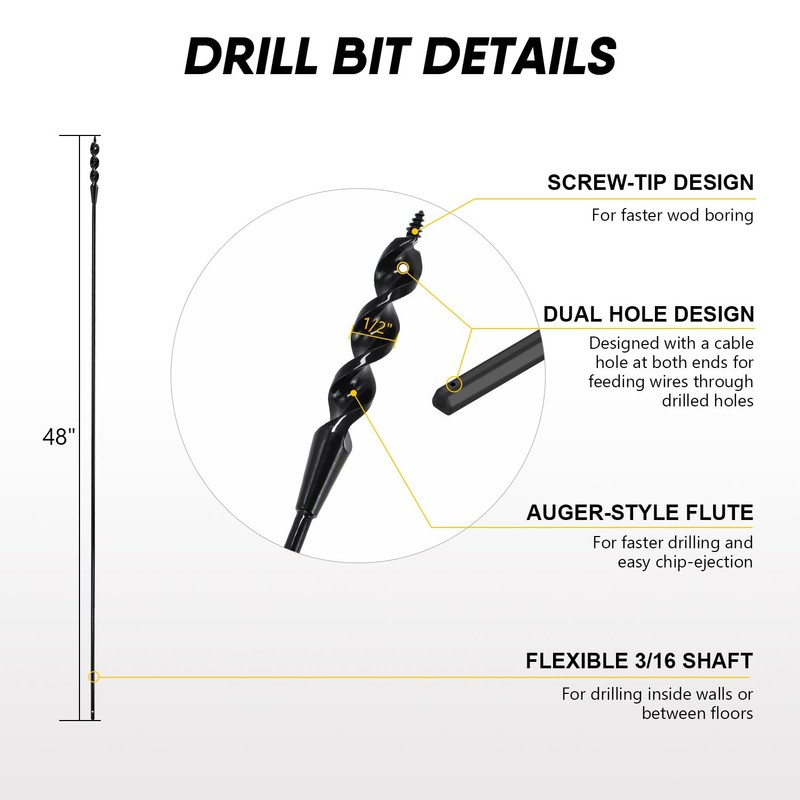 HUAALIUCHE 54"×1/2"×3/16" Flexible Installer Drill Bit - Long Auger Bit