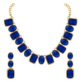 Aheli Wedding Party Wear Square Crystal Necklace with Drop Earrings Indian Traditional Ethnic Jewelry Set Gift for Women Blue