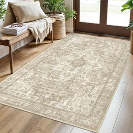 SIILOOM 3x5 Light Beige Grey Brown Washable Printed Rug for Living Room, Soft Boho Rug with Non-Slip, Low-Pile Vintage Area Rugs for Entryway Bedroom Dining Table, Dorm Carpet with Non-Shedding