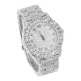 Techno Pave Womens 44mm Iced Solitaire Bezel Watch - Silver Plated with Iced Roman Dial
