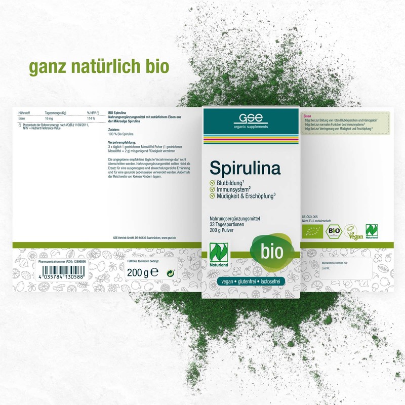 GSE Spirulina Microalgae Powder, 200 g, Iron and Vitamin B12,