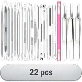 Kit Removedor de Espinillas 22 Piezas, Eliminador de Puntos Negro, Pinzas de Acné, Verrugas Removedor, Acero Inoxidable, Con Caja de Almacenamiento, para Saca Comedones Facial, para Hombres y Mujeres