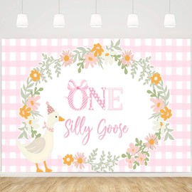 MEHOFOND One Silly Goose Backdrop Swee Little Goose Banner for Girl Birthday Party Decoration Wreath Pink Plaid Bow Tie Banner Cute Cartoon Birthday Party Supplies 6x3.6ft
