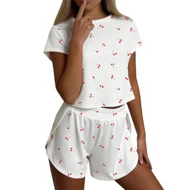 Remidoo Women's Cherry Graphic Tee Shirts and Shorts Pajamas Set Side Slit Crewneck Loungewear Red X-Large