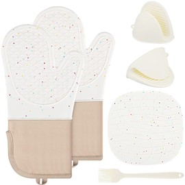 Ofenhandschuhe Topfhandschuhe (6er Set), Anti-Rutsch mit Hitzebeständige Backhandschuhe, Silikon Küchenhandschuhe Küchen Zubehör Backofen Handschuhe with Untersetzer Topf & Klebehaken & Bürste